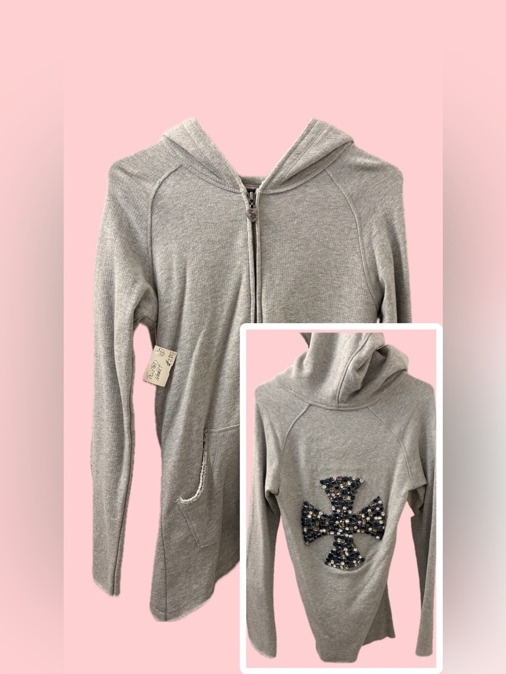 NWT Vintage Twisted Heart America Gray Rhinestone Cross Hoodie | Y2K, Edgy